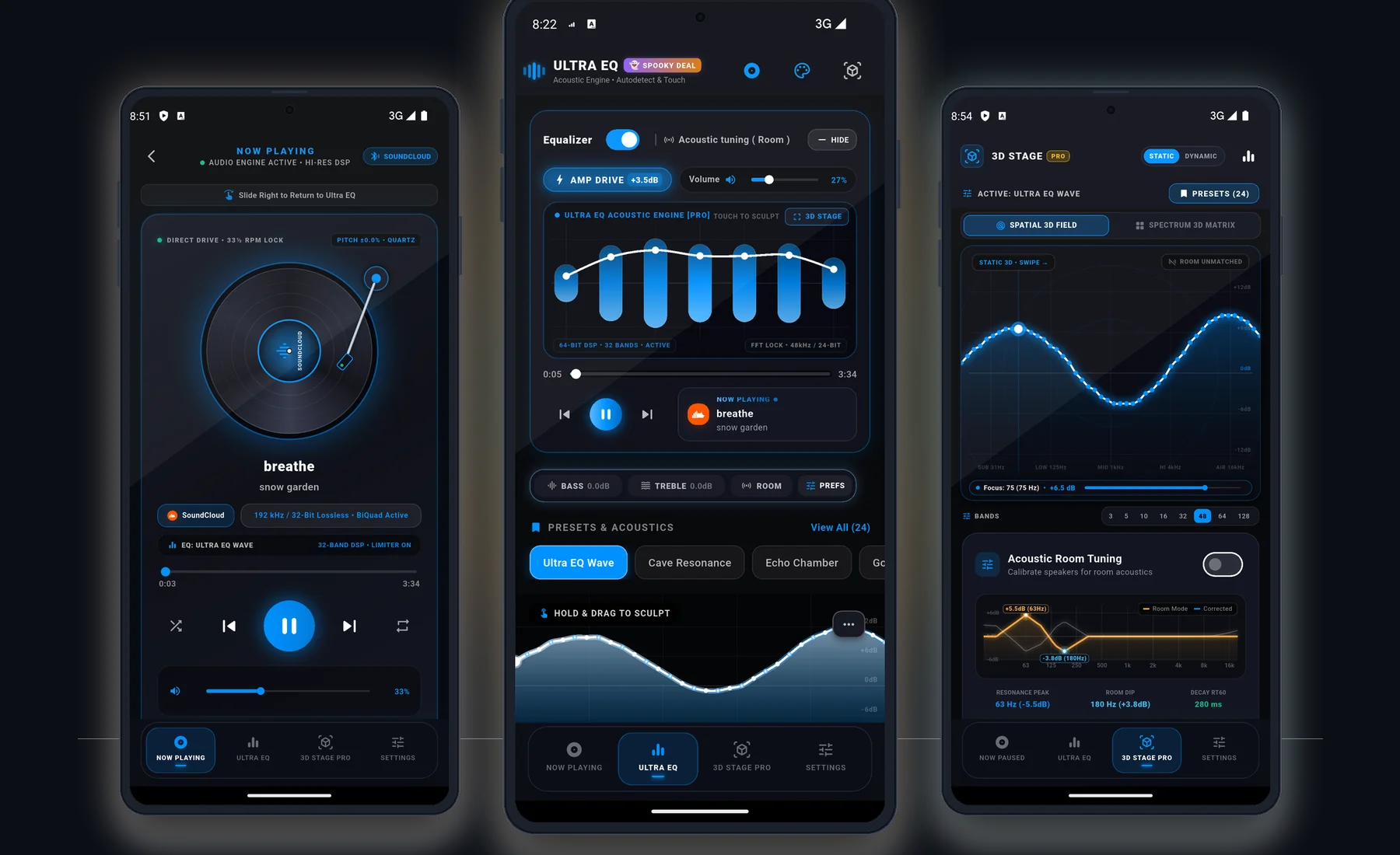 Ultra EQ on three phones: Now Playing, the 32-band equalizer and the 3D Stage
